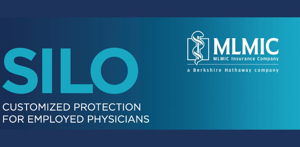 text on blue background reads "SILO- customized protection for employed physicians"