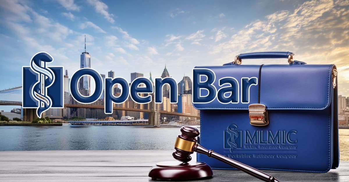 graphic of a briefcase and gavel set against the backdrop of the New York City skyline with the MLMIC logo and text that reads "Open Bar"