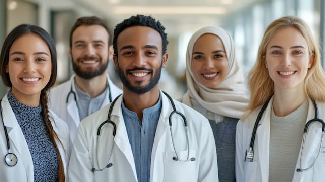 Diverse group of doctors wearing white coats and smiling