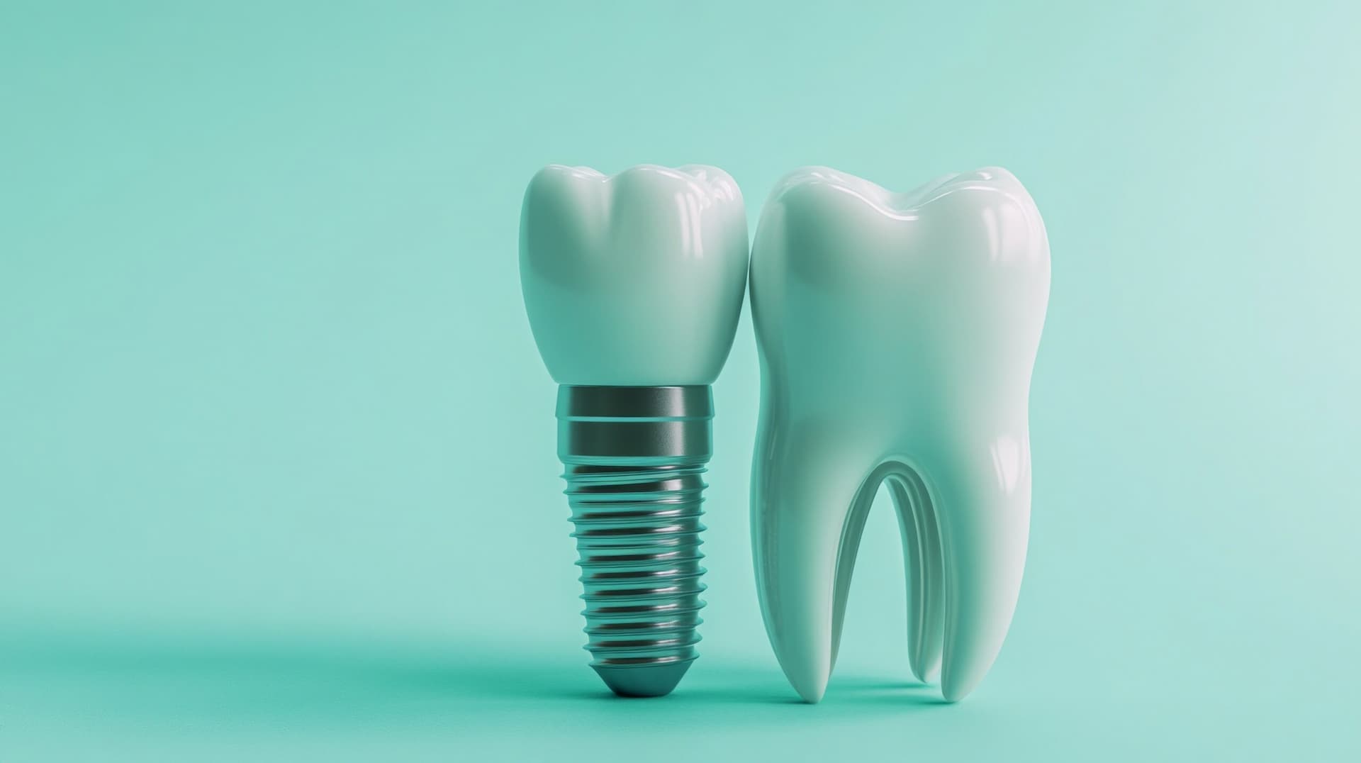 tooth implant with screw on bottom next to a whole tooth with a light blue background