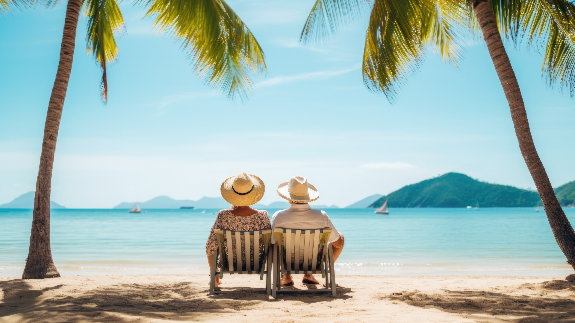 Two older adults sitting on lounge chairs under palm trees, enjoying a sunny tropical beach with calm blue waters and sailboats in the distance.