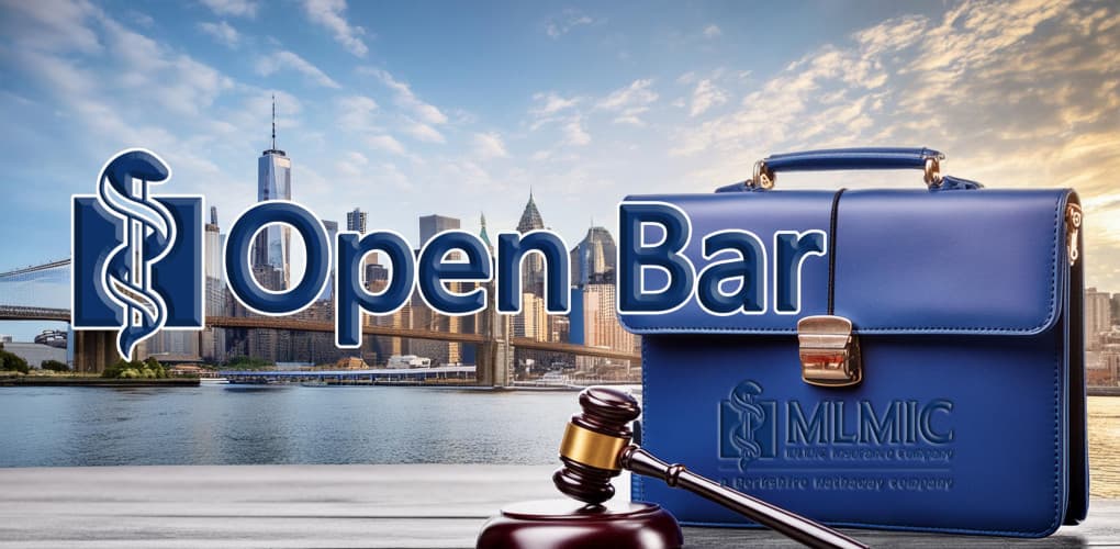 graphic of a briefcase and gavel set against the backdrop of the New York City skyline with the MLMIC logo and text that reads "Open Bar"