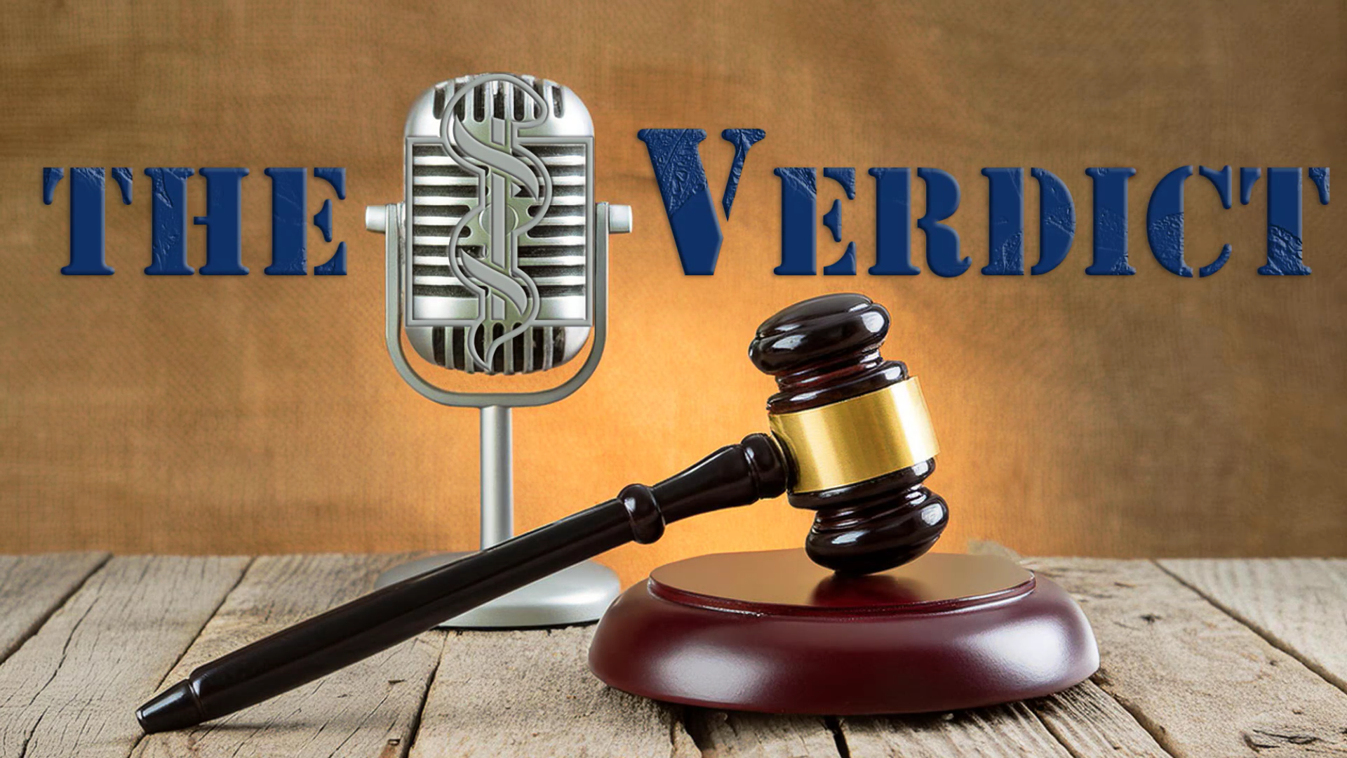A judge's gavel rests on a desk next to a microphone. Blue words reading 'The Verdict' are displayed on a brown background.